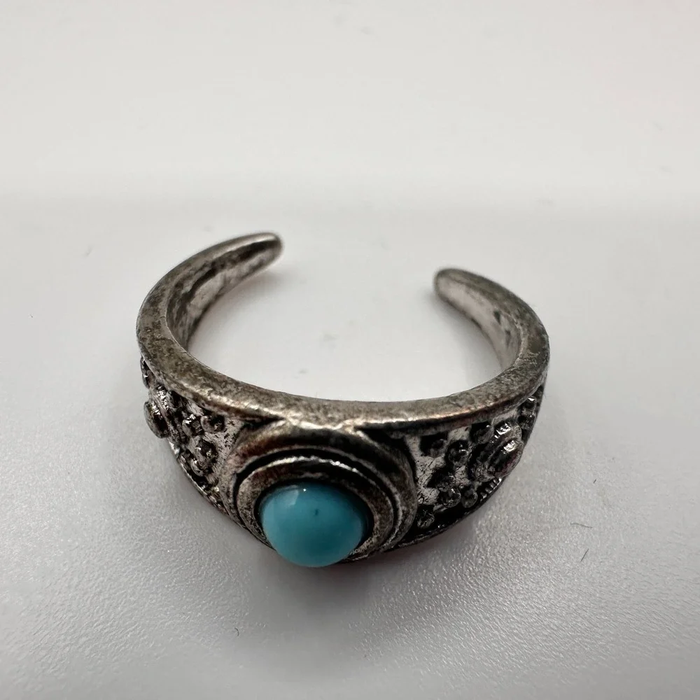 Vintage 90s Silver Tone Blue Glass‎ Cabochon Ring Boho Women's Classic Jewelry